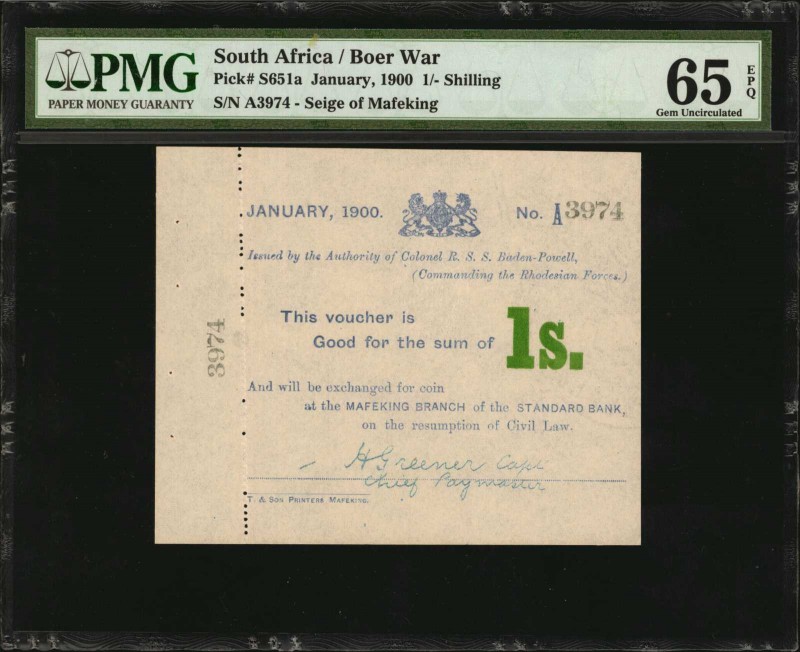 SOUTH AFRICA. Boer War. 1 Shilling, 1900. P-S651a. PMG Gem Uncirculated 65 EPQ....