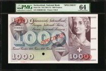 SWITZERLAND. National Bank. 1000 Franken, ND (1954-74). P-52s. Specimen. PMG Choice Uncirculated 64.
Printed by TDLR. An absolutely stunning 1000 Fra...