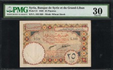 SYRIA. Banque de Syrie et du Liban. 25 Piastres, 1925. P-21. PMG Very Fine 30.
Watermark of wheat stock. PMG has graded a scant 5 of this variety. Vi...