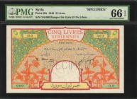 SYRIA. Banque de Syrie et du Liban. 5 Livres, 1948. P-62s. Specimen. PMG Gem Uncirculated 66 EPQ.
Eye catching colors and an intricate design stand o...