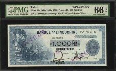 TAHITI. Banque de L'Indo Chine. 1000 Francs, ND (1943). P-18s. Specimen. PMG Gem Uncirculated 66 EPQ.
Overprint on P-78 French Indo-China. 1000 Franc...