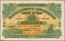 TIMOR. Banco Nacional Ultramarino. 5 Patacas, 1924. P-10. Very Fine.
An always desirable larger format TDLR type. Dark yellow and green ink remains p...