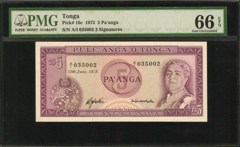 TONGA. Government of Tonga. 5 Pa'anga, 1975. P-16c. PMG Gem Uncirculated 66 EPQ....