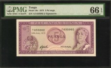 TONGA. Government of Tonga. 5 Pa'anga, 1975. P-16c. PMG Gem Uncirculated 66 EPQ.
2 signatures. PMG's pop report lists this note as the sole example e...