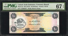UNITED ARAB EMIRATES. Currency Board. 10 Dirhams, ND (1973). P-3a. PMG Superb Gem Uncirculated 67 EPQ.
Printed by TDLR. Watermark of Horse's Head. An...