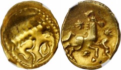 GAUL. Veliocassi. AV Stater (5.96 gms), ca. 100-50 B.C. NGC AU, Strike: 4/5 Surface: 3/5.
D&T-268; LT-7230. Obverse: Stylized head of Apollo right; R...