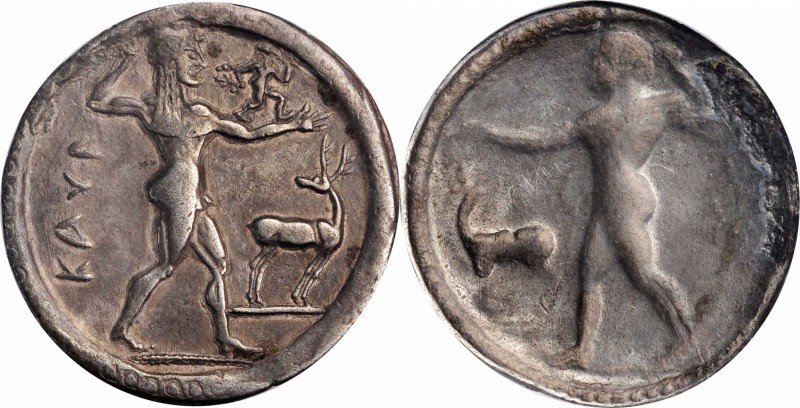 ITALY. Bruttium. Kaulonia. AR Stater (Nomos) (7.68 gms), ca. 525-500 B.C. NGC VF...