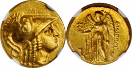 MACEDON. Kingdom of Macedon. Philip III, 323-317 B.C. AV Stater (8.62 gms), Abydos Mint. NGC MS, Strike: 5/5 Surface: 4/5.
Price-P28. Obverse: Helmet...
