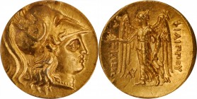 MACEDON. Kingdom of Macedon. Philip III, 323-317 B.C. AV Stater, Babylon Mint, ca. 323-318/7 B.C. ICG AU 58.
Pr-P178. Obverse: Helmeted head of Athen...