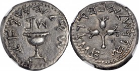 JUDAEA. First Jewish War, 66-70 C.E. AR Shekel (14.19 gms), Jerusalem Mint, Year 2 (67/8 C.E.). NGC Ch AU, Strike: 4/5 Surface: 4/5. Flan Flaw.
Mesho...