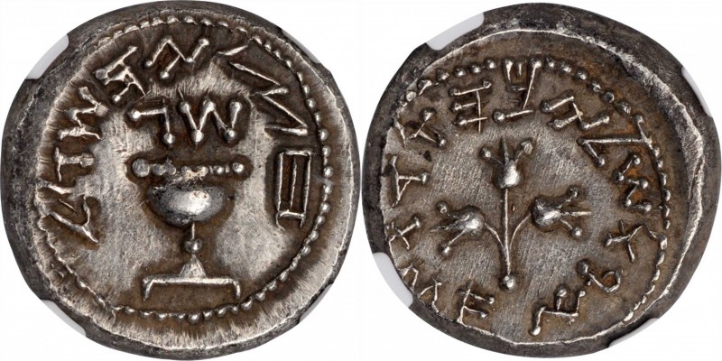 JUDAEA. First Jewish War, 66-70 C.E. AR 1/2 Shekel (7.09 gms), Jerusalem Mint, Y...