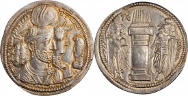 SASSANIAN EMPIRE. Bahram II, A.D. 276-293. AR Drachm (4.31 gms). CHOICE UNCIRCULATED.
Gobl Type-VII/2. Obverse: Jugate busts of Bahram, wearing winge...