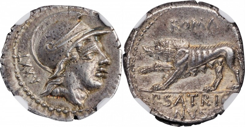 ROMAN REPUBLIC. P. Satrienus. AR Denarius (3.75 gms), Rome Mint, 77 B.C. NGC Ch ...
