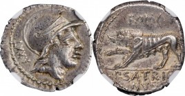 ROMAN REPUBLIC. P. Satrienus. AR Denarius (3.75 gms), Rome Mint, 77 B.C. NGC Ch AU, Strike: 5/5 Surface: 3/5.
Cr-388/1b; Syd-781a. Obverse: Helmeted ...