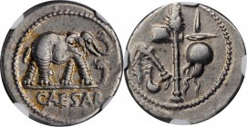JULIUS CAESAR. AR Denarius (3.99 gms), Military mint traveling with Caesar, 49 B.C. NGC EF. Graffito, Bankers' Marks.
Cr-443/1; CRI-9; Syd-1006. Obve...