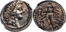JULIUS CAESAR. AR Denarius (3.95 gms), Military mint traveling with Caesar in North Africa, 48-47 B.C. NGC AU, Strike: 4/5 Surface: 3/5.
Cr-458/1; CR...