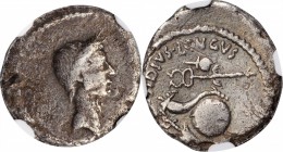 JULIUS CAESAR. AR Denarius, Rome mint; L. Mussidius Longus, moneyer, 42 B.C. NGC F. Edge Marks.
Cr-494/39b; CRI-116; Syd-1096c. Obverse: Wreathed hea...