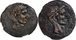 OCTAVIAN & JULIUS CAESAR. AE Sestertius (or Dupondius?) (21.27 gms), Uncertain mint, possibly in southern Italy, 38 B.C. NGC AU, Strike: 4/5 Surface: ...