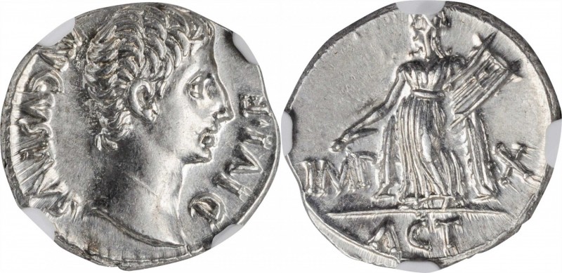 AUGUSTUS, 27 B.C.- A.D. 14. AR Denarius (3.92 gms), Lugdunum Mint, 15 B.C. NGC M...