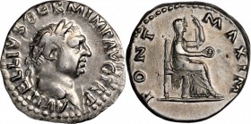 VITELLIUS, A.D. 69. AR Denarius (3.56 gms), Rome Mint. CHOICE EXTREMELY FINE.
RIC-107; RSC-72. Obverse: Laureate head right; Reverse: Vesta seated ri...