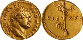 TITUS AS CAESAR, A.D. 69-79. AV Aureus (7.24 gms), Rome Mint, A.D. 72-73. ICG EF 40.
RIC-367 (Vespasian); Calico-798b. "Judaea Capta" commemorative. ...