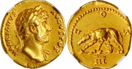 HADRIAN, A.D. 117-138. AV Aureus (7.27 gms), Rome Mint, ca. A.D. 124-128. NGC EF, Strike: 5/5 Surface: 4/5.
RIC-193; Calico-1233b. Obverse: HADRIANVS...