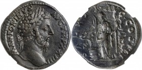 MARCUS AURELIUS, A.D. 161-180. AE Sestertius (25.21 gms), Rome Mint, A.D. 170. NGC Ch VF, Strike: 5/5 Surface: 4/5.
RIC-979. Obverse: Bare head right...