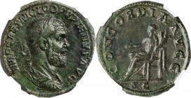 PUPIENUS, A.D. 238. AE Sestertius (20.49 gms), Rome Mint, A.D. 238. NGC EF, Strike: 5/5 Surface: 2/5. Fine Style. Smoothing.
RIC-20. Obverse: Laureat...