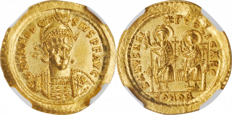 THEODOSIUS II, A.D. 402-450. AV Solidus (4.48 gms), Constantinople Mint, 6th Off...