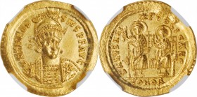 THEODOSIUS II, A.D. 402-450. AV Solidus (4.48 gms), Constantinople Mint, 6th Officina, A.D. 425-429. NGC MS, Strike: 5/5 Surface: 4/5.
RIC-237; Depey...