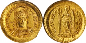 MARCIAN, A.D. 450-457. AV Solidus, Constantinople Mint, 7th Officina. NGC BRILLIANT UNCIRCULATED.
RIC-510. Obverse: Pearl-diademed, helmeted, and cui...