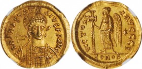 ANASTASIUS I, 491-518. AV Solidus (4.47 gms), Constantinople Mint, 10th Officina, 492-507. NGC AU, Strike: 5/5 Surface: 5/5.
S-3. Obverse: D N ANASTA...