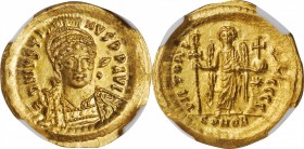JUSTIN I, 518-527. AV Solidus (4.43 gms), Constantinople Mint, 3rd Officina, 519-527. NGC Ch MS, Strike: 5/5 Surface: 5/5.
S-56. Obverse: D N IVSTINV...