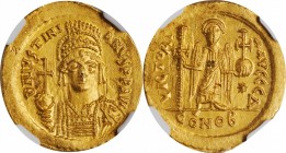 JUSTINIAN I, 527-565. AV Solidus (4.42 gms), Constantinople Mint, 4th Officina, 537-542. NGC MS, Strike: 5/5 Surface: 4/5.
S-139. Obverse: D N IVSTIN...