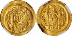 JUSTIN II, 565-578. AV Solidus (4.46 gms), Constantinople Mint, 5th Officina, 567-578. NGC MS, Strike: 5/5 Surface: 5/5.
S-345. Obverse: D N IVSTINVS...