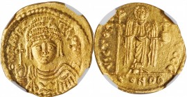 MAURICE TIBERIUS, 582-602. AV Solidus (4.47 gms), Constantinople Mint, 5th Officina, 583/4-602. NGC MS, Strike: 4/5 Surface: 4/5.
S-478. Obverse: O N...