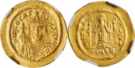 PHOCAS, 602-610. AV Solidus (4.39 gms), Constantinople Mint, 6th Officina, 604-607. NGC AU, Strike: 5/5 Surface: 4/5.
S-618. Obverse: O N FOCAS PЄR A...