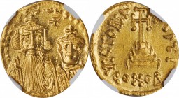 CONSTANS II WITH CONSTANTINE IV, 641-668. AV Solidus (4.41 gms), Constantinople Mint, 3rd Officina, 654-659. NGC MS, Strike: 4/5 Surface: 4/5.
S-959....