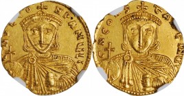 LEO III & CONSTANTINE V, 717-741. AV Solidus (3.93 gms), Constantinople Mint, 731-733. NGC MS, Strike: 5/5 Surface: 4/5.
S-1504. Obverse: ∂ N D LЄON ...