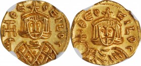 THEOPHILUS, 829-842. AV Solidus (3.63 gms), Syracuse Mint, 830-831. NGC MS, Strike: 5/5 Surface: 4/5.
S-1670. Obverse: ΘЄOFILOS, crowned facing bust ...