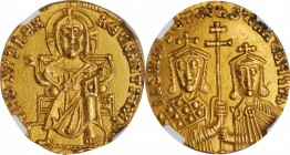 BASIL I WITH CONSTANTINE, 867-886. AV Solidus (4.40 gms), Constantinople Mint, 871-886. NGC Ch AU, Strike: 5/5 Surface: 4/5.
S-1704. Obverse: + IҺS X...