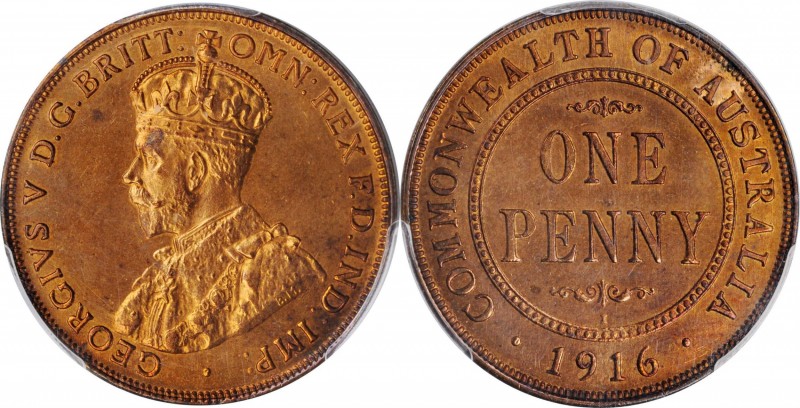 AUSTRALIA. Penny, 1916-I. Calcutta Mint. PCGS SPECIMEN-64+ Red Brown Gold Shield...