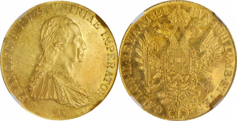 AUSTRIA. 4 Ducats, 1828-A. Vienna Mint. Franz II. NGC AU-53.
KM-2178; Fr-462. A...