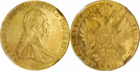 AUSTRIA. 4 Ducats, 1828-A. Vienna Mint. Franz II. NGC AU-53.
KM-2178; Fr-462. A RARE type seldom encountered in the marketplace. According to the Sta...