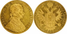 AUSTRIA. 4 Ducats, 1867-A. Vienna Mint. Franz Joseph I. PCGS MS-61 Gold Shield.
FR-486; KM-2274. Mintage: 16,000. A bright and flashy Dollar size gol...