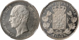 BELGIUM. 5 Francs, 1849. Brussels Mint. Leopold I. NGC PROOF-63.
Dav-51; KM-17. Bare Head variety. A VERY RARE offering in proof, this tremendously l...