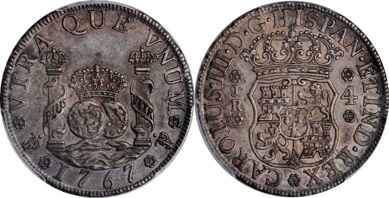 BOLIVIA. 4 Reales, 1767-PTS JR. Potosi Mint. Charles III. PCGS AU-58 Gold Shield...
