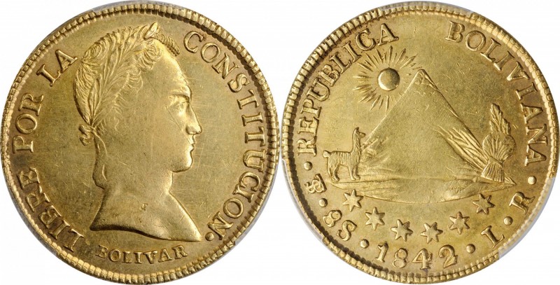 BOLIVIA. 8 Scudos, 1842-PTS LR. Potosi Mint. PCGS AU-55 Gold Shield.
Fr-26; KM-...