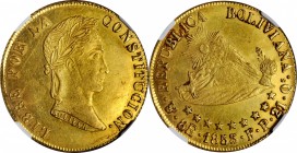 BOLIVIA. 8 Scudos, 1853/2-PTS FP. NGC MS-62.
Fr-34; KM-116. Easily the finest we've seen of this date, with a far better strike than most and surface...