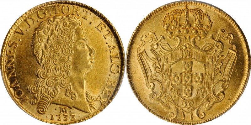 BRAZIL. 12800 Reis, 1733-M. Minas Gerais Mint. Joao V. PCGS MS-62 Gold Shield.
...